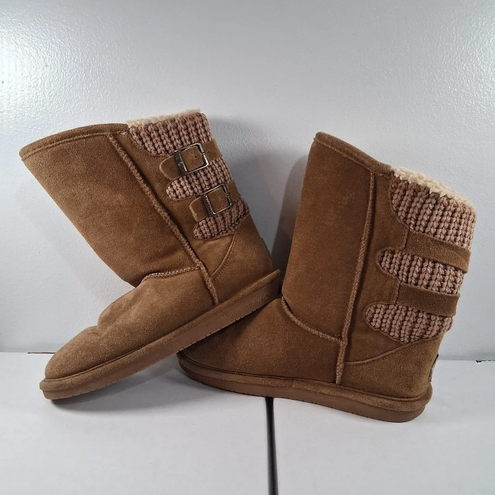 Bearpaw Boshie Youth HIckory Tan Boots Buckle size 5 Suede Sheepskin Wool Lining